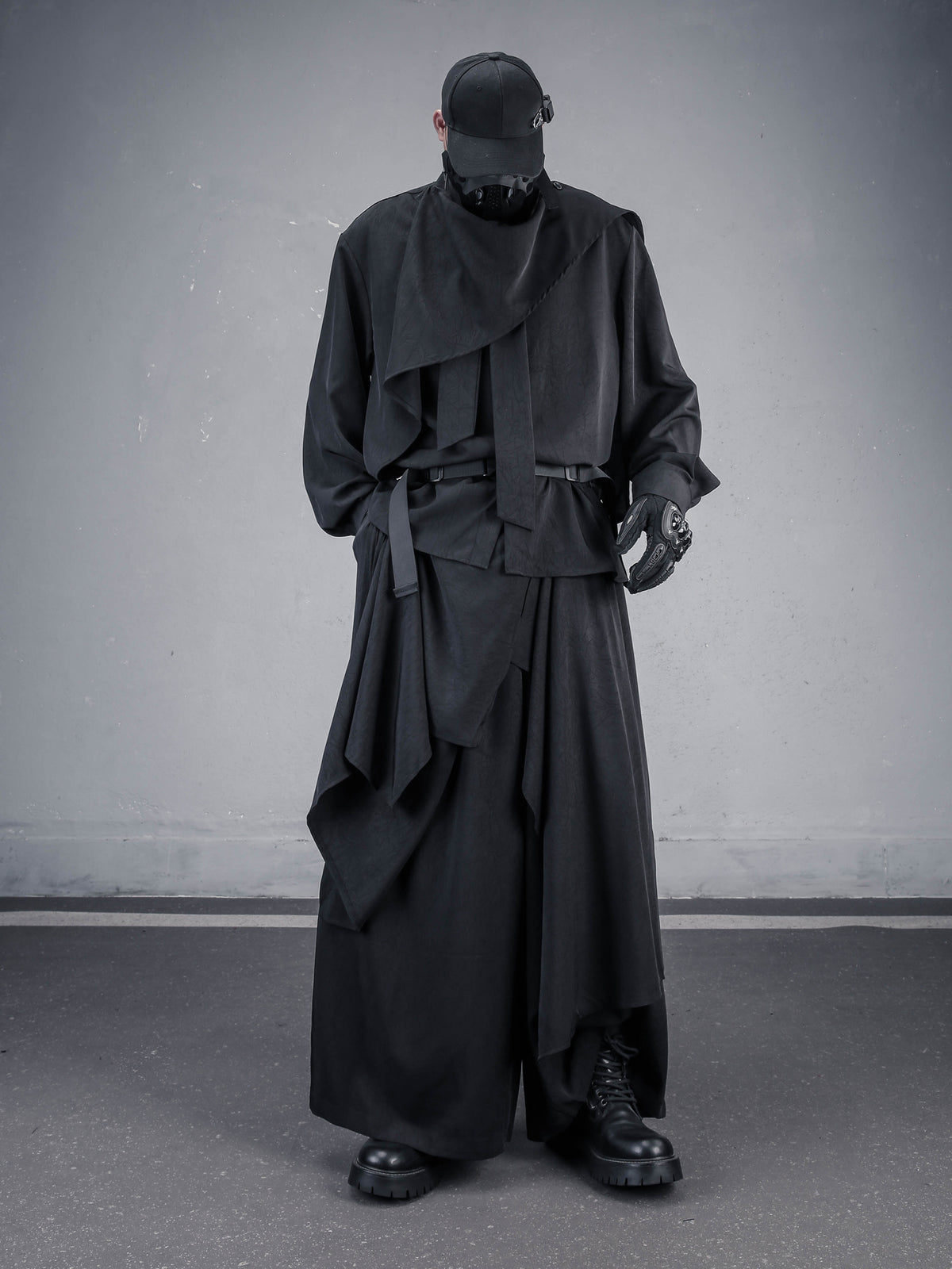 Asymmetric Scarf-Collar Long-Sleeve Shirt
