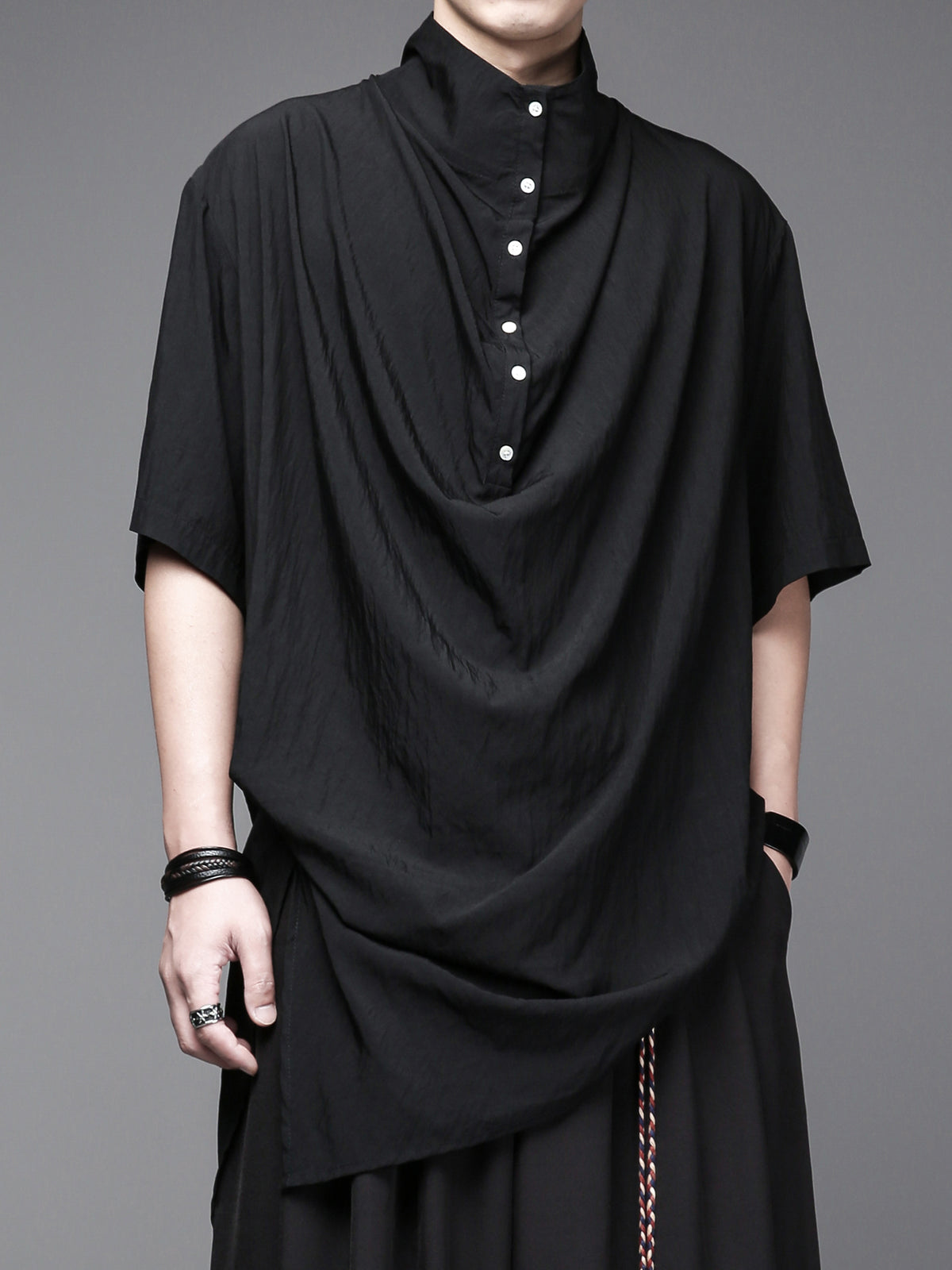Yamamoto Stand-Collar Pleated Shirt