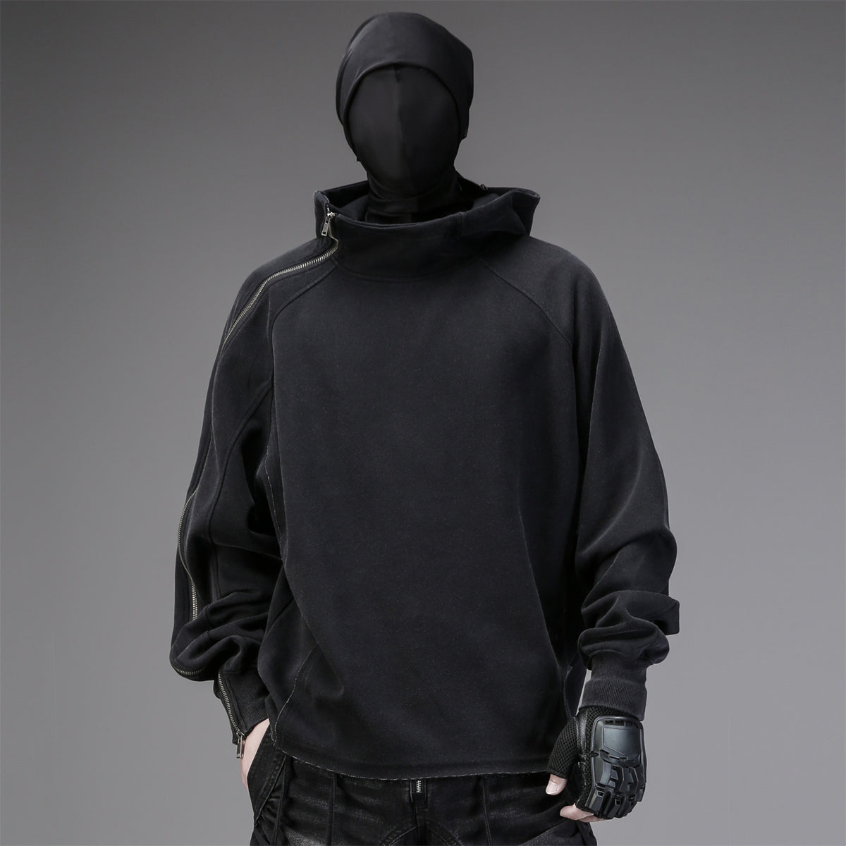Asymmetric-Zip Hooded Sweatshirt