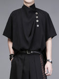 Dark Draped High-Collar Asymmetric Tee