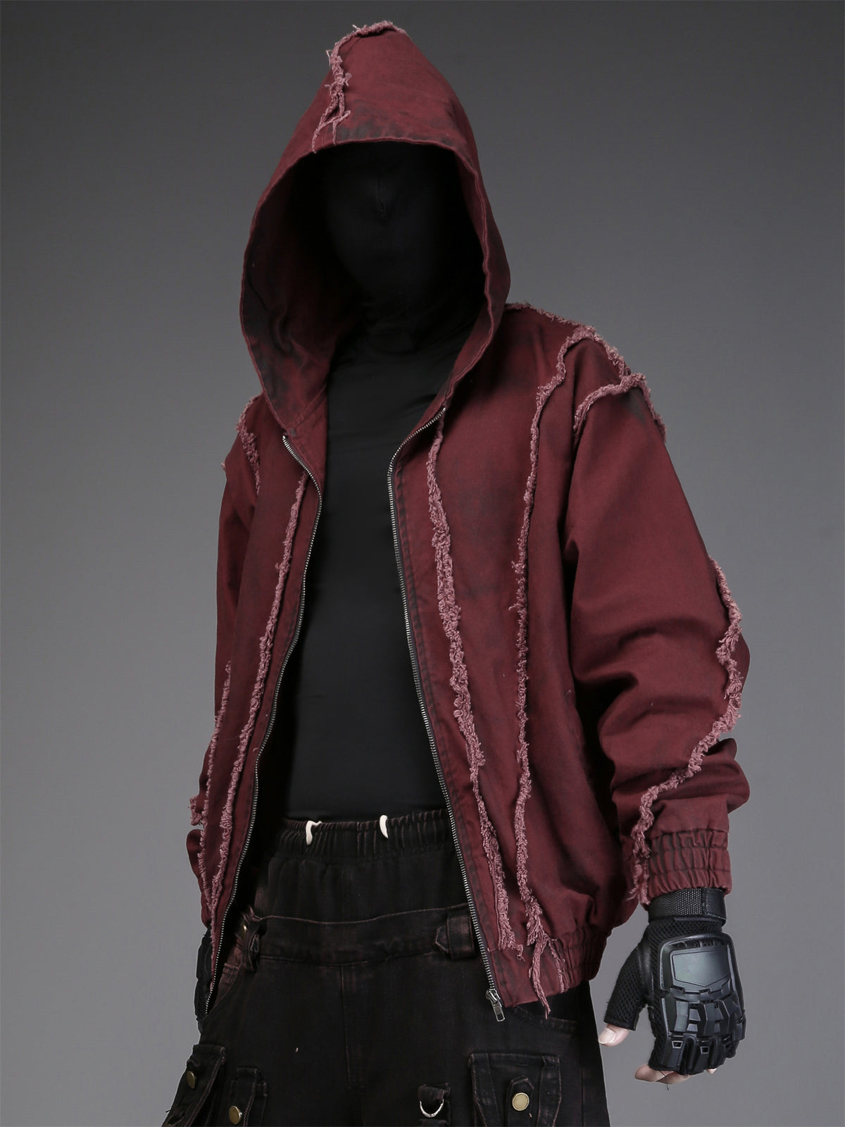 Red Hooded Distressed Denim Jacket